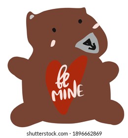 Cute bear hand drawn  illustration with romantic quote. Hand lettering design. Be mine. Valentine’s Day