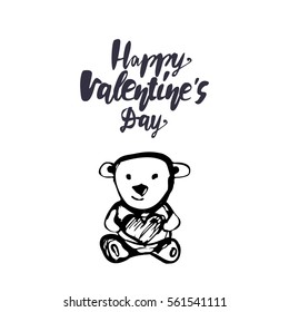 Cute bear hand drawn  illustration with romantic quote. Hand lettering design. Happy Valentines Day