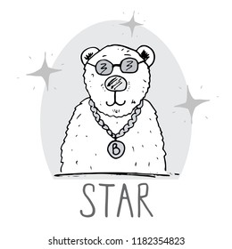 Cute Bear hand drawn sketch, T-shirt print design for kids vector illustration.