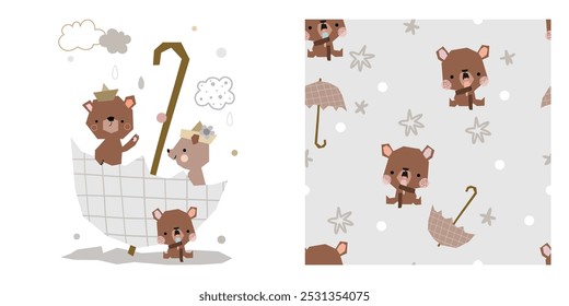Cute bear hand drawn umbrella illustration seamless pattern kid toddler baby background for apparel, fabric.