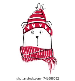 Cute bear. Hand drawn vector teddy with red sweater, scarf and hat. Winter design. Happy holidays template. Cartoon animals illustration in sketch style. 