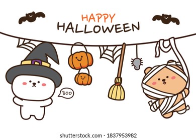Cute bear hang on a rope banner.Happy Halloween concept.Cartoon animal character design.Image for banner,wallpaper,poster,celebration.Vector.Illustration.