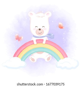 Cute bear hanging on rainbow and butterflies hand drawn animal watercolor illustration