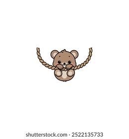 Cute bear hanging on rope cartoon, vector illustration