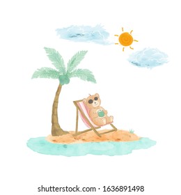 Cute bear happy on summer time,watercolor design for decorative,kid product,t-shirt,banner or background,vector illustration