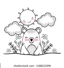 cute bear with happy sun and plants