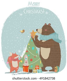 cute bear, hare and fox - Christmas vector card