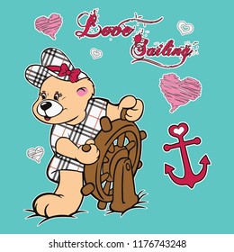 Cute bear has fabric patterned dress and hat with around anchor, pink hearts and red texts on blue background. Vector illustration.