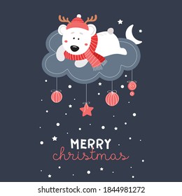 Cute bear in a hat on a cloud. Stars, snow, hat, scarf, snowflakes. Dark childrens vector background. Happy New Year. Merry Christmas. 2020. Postcard, poster, clothes.