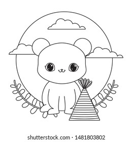 cute bear with hat party and crown leafs