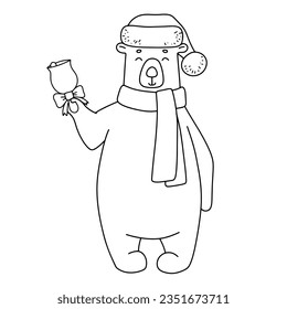 Cute bear in hat, scarf with Christmas bell. Funny outline illustration for coloring book