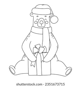 Cute bear in hat, scarf with gift. Funny outline illustration for coloring book