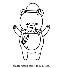 cute bear with hat and scarf merry christmas vector illustration thick line