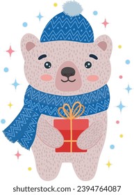 A cute bear in a hat and scarf is standing under the snow with a cup of coffee. Christmas design. Vector illustration. The inscription with congratulations.