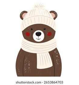 Cute bear in hat and scarf. Winter illustration in hand drawn style for holiday and cozy design
