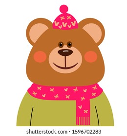 Cute bear in a hat and scarf.Cartoon character.Vector illustration.