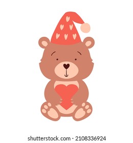 A cute bear in a hat sits and holds a heart in its paws. A cartoon-style character, a decorative element for Valentine's day cards. Color vector illustration isolated on a white background