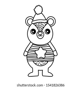 cute bear with hat and sweater happy christmas vector illustration thick line
