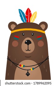 Cute bear have headdress with feathers on head. Woodland forest animal. Cartoon apache bear. Design can be used for kids apparel, greeting card, invitation, baby shower. Vector illustration.