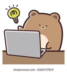 Un oso lindo con una idea brillante frente a la computadora.