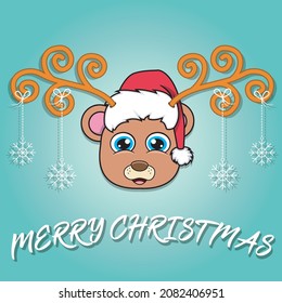 Cute Bear Head Cartoon Christmas Card. Wearing Hat and Funny Christmas. Vector and Illustration.