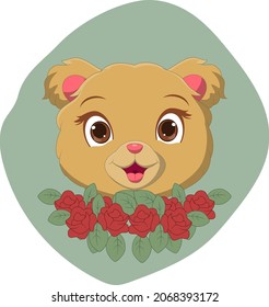 Cute bear head cartoon with flowers