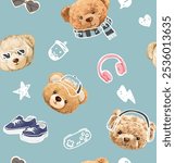 cute bear head and cartoon icons seamless pattern vector illustration