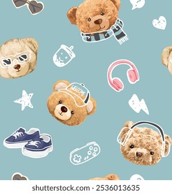 cute bear head and cartoon icons seamless pattern vector illustration