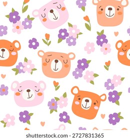 Cute bear head in different colors with flowers seamless pattern. Adorable animal design for kids. Vector illustration