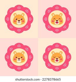 Cute bear head with expression and beautiful flower. Vector illustration design.