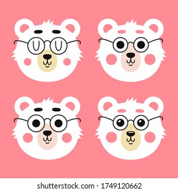 Cute bear head with glasses. Set of bear logo. Art for t-shirt.