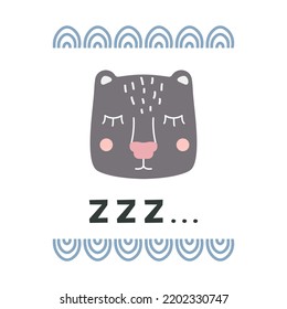 Cabeza de oso. Carácter vector dibujado a mano. Letras manuscritas ruidosas. Estilo de dibujos animados escandinavos. Para web, afiches, invitaciones, postales, tarjetas de felicitación, volantes, etc.