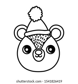 cute bear head with hat happy christmas vector illustration thick line