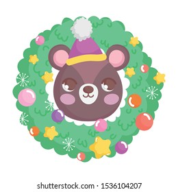cute bear head with hat wreath balls happy christmas vector illustration