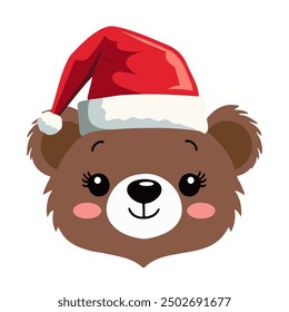 Linda cabeza de oso en sombrero de santa claus. Oso de carácter de invierno. Elemento de Navidades alegres para el Anuncio, tarjeta.