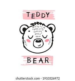 Cute Bear Head For Tee Print Design For Kids. Doodle Little Baby Teddy Bear Face. Vector Cartoon Animal. Scandinavian Card, Print Or Poster Design