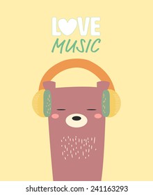 cute bear with headphone.love music.