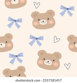 cute bear heads with hearts and striped bows  seamless pattern , vector illustration