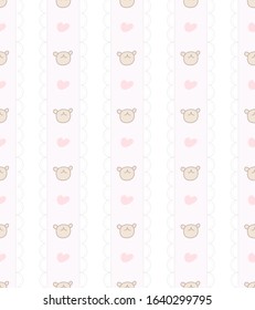 Cute bear and heart lace seamless pattern.Cotton lace fabric border.
