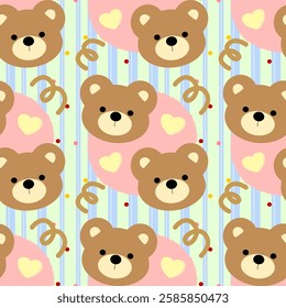 Cute bear, heart on green background, blue lines, fabric pattern, gift wrapping paper, mobile phone case, notebook cover , seamless pattern 