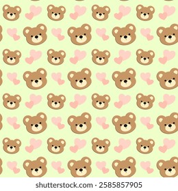 Cute bear, heart on green background, fabric pattern, gift wrapping paper, mobile phone case, notebook cover , seamless pattern 