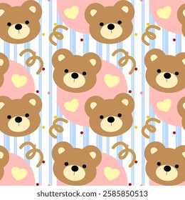 Cute bear, heart on white background, blue lines, fabric pattern, gift wrapping paper, mobile phone case, notebook cover , seamless pattern 