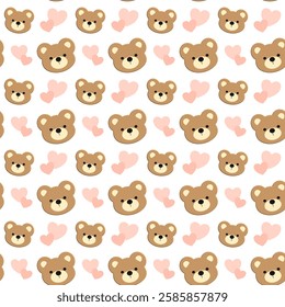 Cute bear, heart on white background, fabric pattern, gift wrapping paper, mobile phone case, notebook cover , seamless pattern 