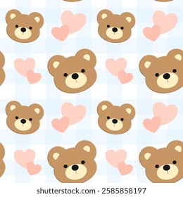 Cute bear, heart on white background, blue lines, fabric pattern, gift wrapping paper, mobile phone case, notebook cover , seamless pattern 