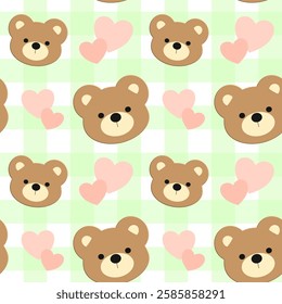 Cute bear, heart on white background, green lines, fabric pattern, gift wrapping paper, mobile phone case, notebook cover , seamless pattern 