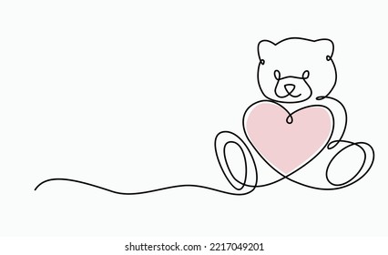 Cute Bear with heart one continuous line drawing,isolated on white background.