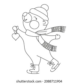 A cute bear with a heart in a paw is skating. Linear contour drawing by hands in doodle style. Coloring book page for children. Print for textiles, poster, children's room decoration, postcards.