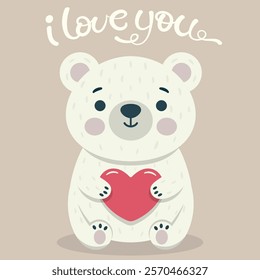 Cute bear with heart. Valentines Day card. 