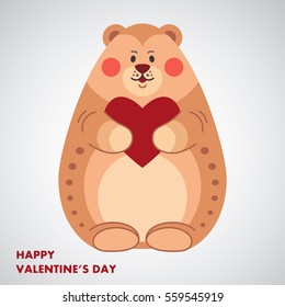 Cute bear with heart. Valentines day card. Cartoon character. Vector illustration.