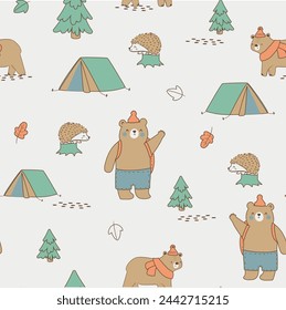 Cute bear hedgehog forest animals tree mushroom cute camp woodland animals design for kids market as vector